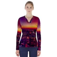 Buiding City V-neck Long Sleeve Top by Vaneshart