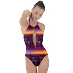 Buiding City Plunge Cut Halter Swimsuit