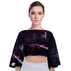 New York City Night Tie Back Butterfly Sleeve Chiffon Top by Vaneshart