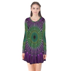 Light Abstract Flower Purple Petal Glass Color Circle Art Symmetry Digital Shape Fractal Macro Photo Long Sleeve V-neck Flare Dress by Vaneshart