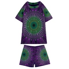 Light Abstract Flower Purple Petal Glass Color Circle Art Symmetry Digital Shape Fractal Macro Photo Kids  Swim Tee And Shorts Set