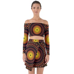 Spiral Pattern Circle Neon Psychedelic Illustration Design Symmetry Shape Mandala Off Shoulder Top With Skirt Set by Vaneshart