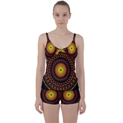 Spiral Pattern Circle Neon Psychedelic Illustration Design Symmetry Shape Mandala Tie Front Two Piece Tankini by Vaneshart