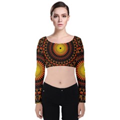 Spiral Pattern Circle Neon Psychedelic Illustration Design Symmetry Shape Mandala Velvet Long Sleeve Crop Top by Vaneshart