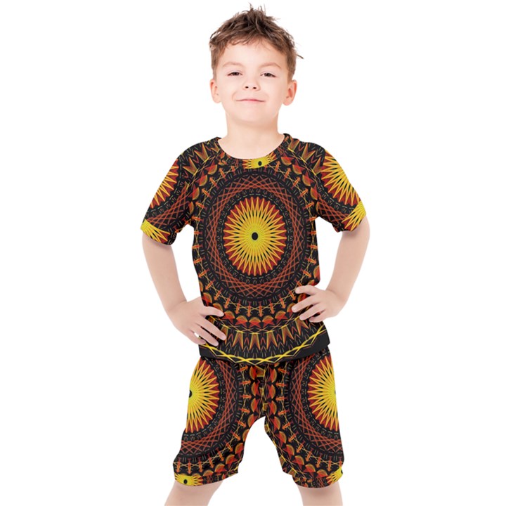 Spiral Pattern Circle Neon Psychedelic Illustration Design Symmetry Shape Mandala Kids  Tee and Shorts Set