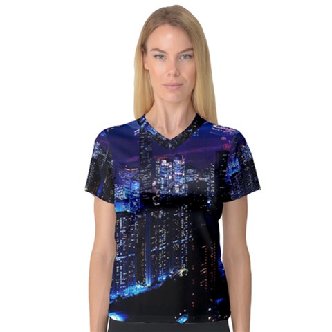 Night City Dark V-neck Sport Mesh Tee by Vaneshart