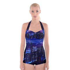 Night City Dark Boyleg Halter Swimsuit  by Vaneshart