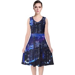 Night City Dark V-neck Midi Sleeveless Dress  by Vaneshart