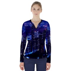 Night City Dark V-neck Long Sleeve Top by Vaneshart