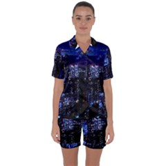 Night City Dark Satin Short Sleeve Pyjamas Set by Vaneshart