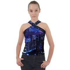 Night City Dark Cross Neck Velour Top by Vaneshart