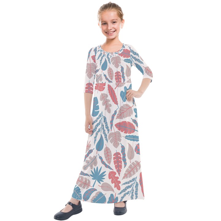 Leaves Art Pattern Kids  Quarter Sleeve Maxi Dress