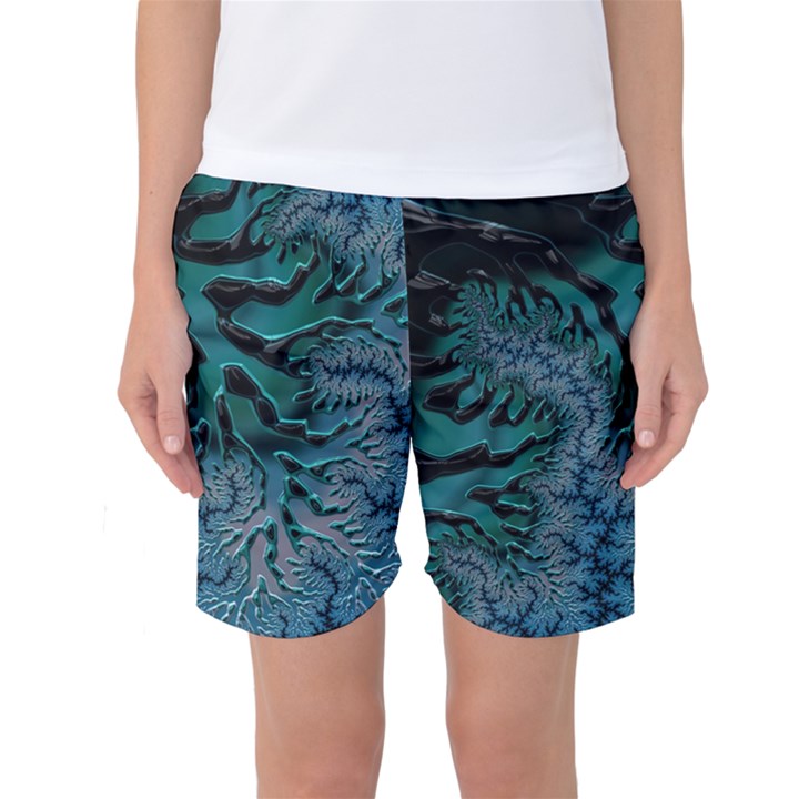 Creative Wing Abstract Texture River Stream Pattern Green Geometric Artistic Blue Art Aqua Turquoise Women s Basketball Shorts