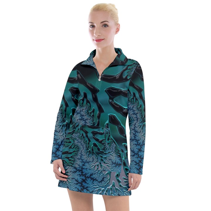 Creative Wing Abstract Texture River Stream Pattern Green Geometric Artistic Blue Art Aqua Turquoise Women s Long Sleeve Casual Dress