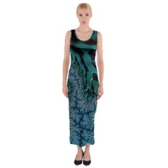 Creative Wing Abstract Texture River Stream Pattern Green Geometric Artistic Blue Art Aqua Turquoise Fitted Maxi Dress