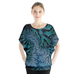 Creative Wing Abstract Texture River Stream Pattern Green Geometric Artistic Blue Art Aqua Turquoise Batwing Chiffon Blouse