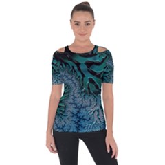 Creative Wing Abstract Texture River Stream Pattern Green Geometric Artistic Blue Art Aqua Turquoise Shoulder Cut Out Short Sleeve Top by Vaneshart