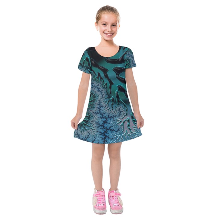 Creative Wing Abstract Texture River Stream Pattern Green Geometric Artistic Blue Art Aqua Turquoise Kids  Short Sleeve Velvet Dress