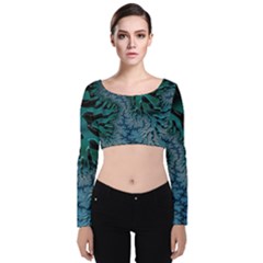 Creative Wing Abstract Texture River Stream Pattern Green Geometric Artistic Blue Art Aqua Turquoise Velvet Long Sleeve Crop Top by Vaneshart