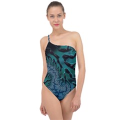 Creative Wing Abstract Texture River Stream Pattern Green Geometric Artistic Blue Art Aqua Turquoise Classic One Shoulder Swimsuit