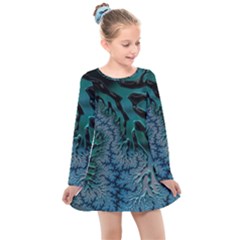 Creative Wing Abstract Texture River Stream Pattern Green Geometric Artistic Blue Art Aqua Turquoise Kids  Long Sleeve Dress