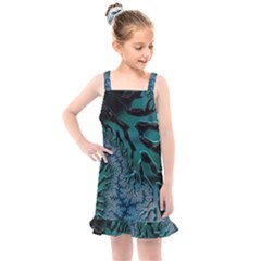 Creative Wing Abstract Texture River Stream Pattern Green Geometric Artistic Blue Art Aqua Turquoise Kids  Overall Dress by Vaneshart