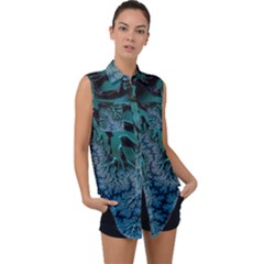 Creative Wing Abstract Texture River Stream Pattern Green Geometric Artistic Blue Art Aqua Turquoise Sleeveless Chiffon Button Shirt