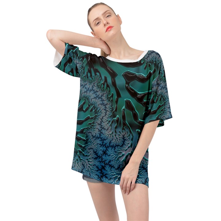 Creative Wing Abstract Texture River Stream Pattern Green Geometric Artistic Blue Art Aqua Turquoise Oversized Chiffon Top