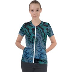 Creative Wing Abstract Texture River Stream Pattern Green Geometric Artistic Blue Art Aqua Turquoise Short Sleeve Zip Up Jacket