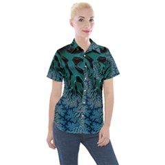 Creative Wing Abstract Texture River Stream Pattern Green Geometric Artistic Blue Art Aqua Turquoise Women s Short Sleeve Pocket Shirt