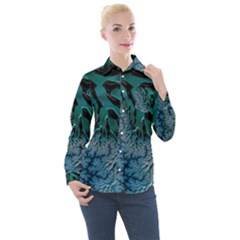 Creative Wing Abstract Texture River Stream Pattern Green Geometric Artistic Blue Art Aqua Turquoise Women s Long Sleeve Pocket Shirt