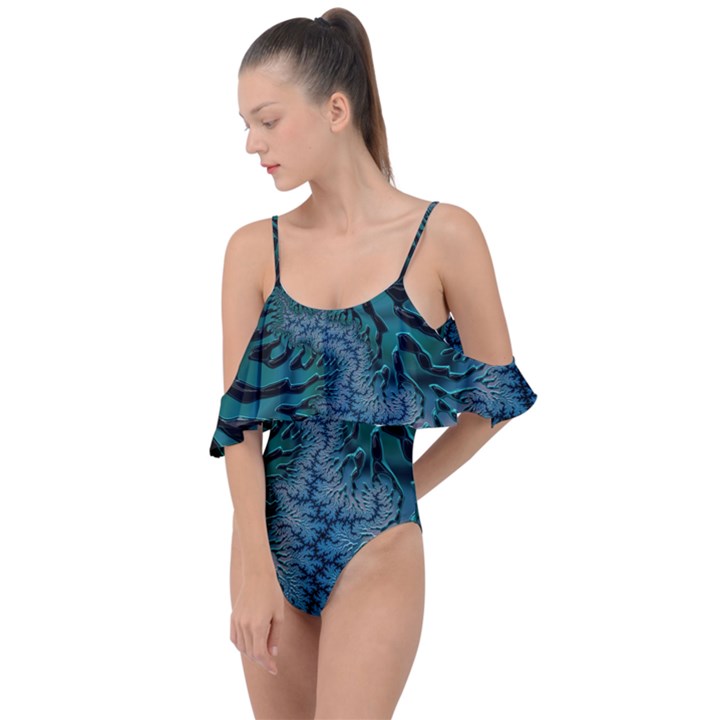 Creative Wing Abstract Texture River Stream Pattern Green Geometric Artistic Blue Art Aqua Turquoise Drape Piece Swimsuit