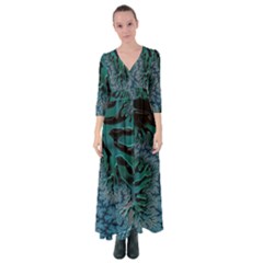 Creative Wing Abstract Texture River Stream Pattern Green Geometric Artistic Blue Art Aqua Turquoise Button Up Maxi Dress