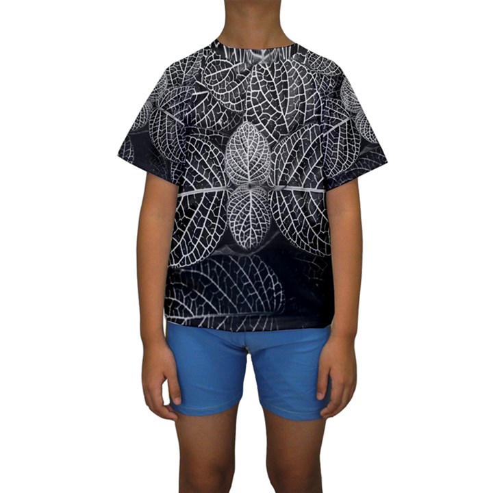 Black And White Plant Leaf Flower Pattern Line Black Monochrome Material Circle Spider Web Design Kids  Short Sleeve Swimwear