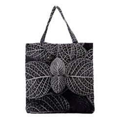 Black And White Plant Leaf Flower Pattern Line Black Monochrome Material Circle Spider Web Design Grocery Tote Bag by Vaneshart