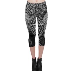 Black And White Plant Leaf Flower Pattern Line Black Monochrome Material Circle Spider Web Design Capri Leggings  by Vaneshart