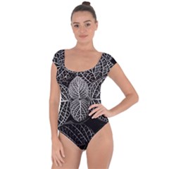 Black And White Plant Leaf Flower Pattern Line Black Monochrome Material Circle Spider Web Design Short Sleeve Leotard  by Vaneshart