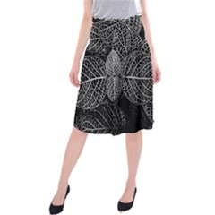 Black And White Plant Leaf Flower Pattern Line Black Monochrome Material Circle Spider Web Design Midi Beach Skirt by Vaneshart