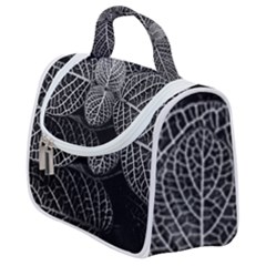 Black And White Plant Leaf Flower Pattern Line Black Monochrome Material Circle Spider Web Design Satchel Handbag by Vaneshart