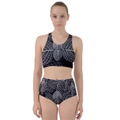 Black And White Plant Leaf Flower Pattern Line Black Monochrome Material Circle Spider Web Design Racer Back Bikini Set by Vaneshart