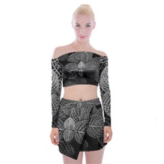 Black And White Plant Leaf Flower Pattern Line Black Monochrome Material Circle Spider Web Design Off Shoulder Top With Mini Skirt Set by Vaneshart