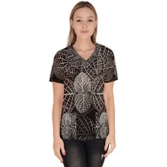 Black And White Plant Leaf Flower Pattern Line Black Monochrome Material Circle Spider Web Design Women s V-neck Scrub Top by Vaneshart