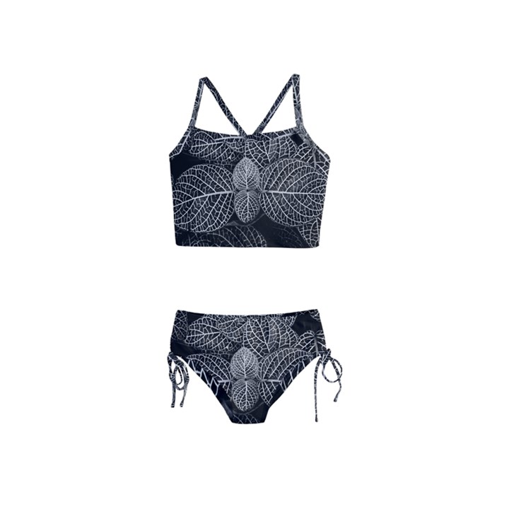 Black And White Plant Leaf Flower Pattern Line Black Monochrome Material Circle Spider Web Design Girls  Tankini Swimsuit