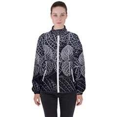 Black And White Plant Leaf Flower Pattern Line Black Monochrome Material Circle Spider Web Design Women s High Neck Windbreaker by Vaneshart