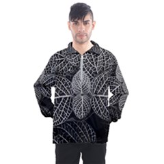 Black And White Plant Leaf Flower Pattern Line Black Monochrome Material Circle Spider Web Design Men s Half Zip Pullover by Vaneshart