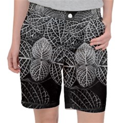 Black And White Plant Leaf Flower Pattern Line Black Monochrome Material Circle Spider Web Design Pocket Shorts by Vaneshart