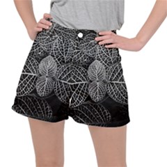 Black And White Plant Leaf Flower Pattern Line Black Monochrome Material Circle Spider Web Design Ripstop Shorts