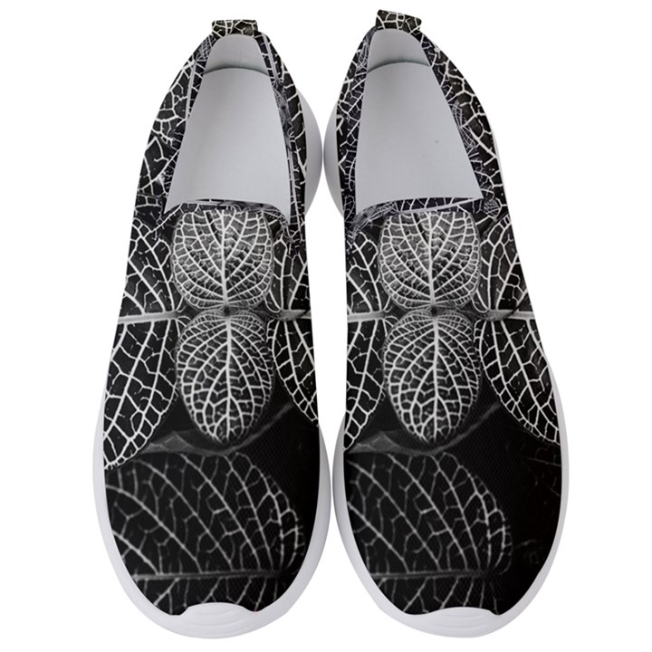 Black And White Plant Leaf Flower Pattern Line Black Monochrome Material Circle Spider Web Design Men s Slip On Sneakers