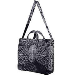 Black And White Plant Leaf Flower Pattern Line Black Monochrome Material Circle Spider Web Design Square Shoulder Tote Bag by Vaneshart