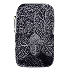 Black And White Plant Leaf Flower Pattern Line Black Monochrome Material Circle Spider Web Design Waist Pouch (small) by Vaneshart